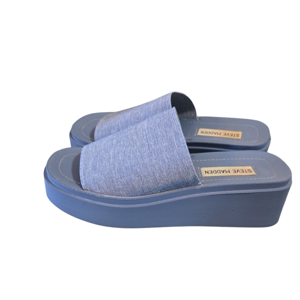Steve Madden Blue‎ Platform Slide Sandals Women's Size 6 Denim Look Wedge Slides